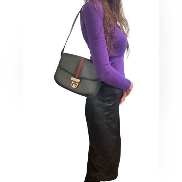 Gucci black leather web accent and gold GG lock shoulder - Picture 1 of 16